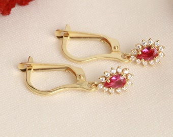 Real Diamond Halo Ruby Drop Earrings, 14K 10K 8K Solid Gold July Birthstone Dangle