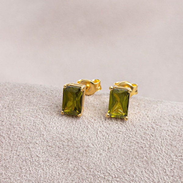 Rectangle Peridot Earring, 14K Solid Gold, August Birthstone Earrings, Perfect Gift for Mother's Day - Girlfriend - Wife