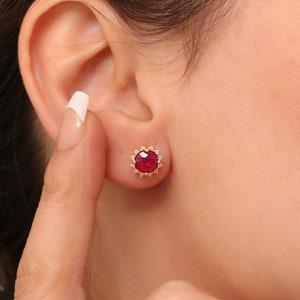 Real Diamond Ruby Round Earring 14K Solid Gold, Diamond Ruby July Birthstone Earring, Perfect Gift for Mother's Day - Girlfriend - Wife