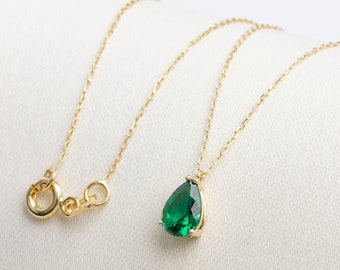 Emerald Drop Necklace 14K Solid Gold, Birthstone Emerald Teardrop, Raindrop Necklace, Perfect Gift for Mother's Day - Girlfriend - Wife