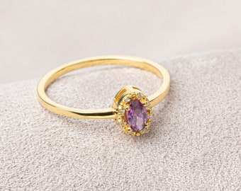 14K Solid Gold Amethyst Ring with Real Diamond - Oval Cut, February Birthstone Jewelry, Perfect for Birthday, Christmas or Mother's Day Gift