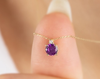 Real Diamond Round Amethyst Necklace, 14K Solid Gold Minimalist Birthstone Necklace, Perfect Gift for Mother's Day - Girlfriend - Wife