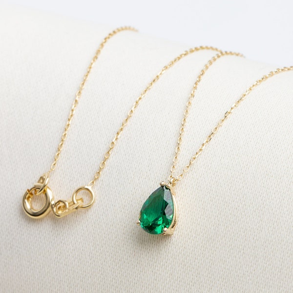 Emerald Drop Necklace 14K Solid Gold, Birthstone Emerald Teardrop, Raindrop Necklace, Perfect Gift for Mother's Day - Girlfriend - Wife
