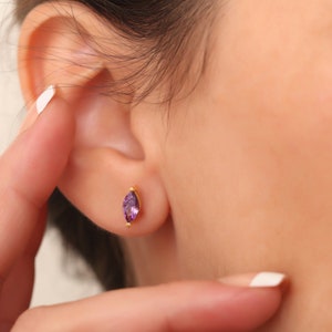 Marquise Amethyst Stud Earring 14K 10K Solid Gold, February Birthstone Gift