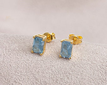 Rectangle Aquamarine Earring, 14K Solid Gold Aquamarine, March Birthstone, Perfect Gift for Mother's Day - Girlfriend - Wife
