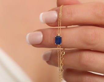 Rectangular Sapphire Bracelet 14K Solid Gold, Dainty Baguette, September Birthstone, Perfect Gift for Mother's Day - Girlfriend - Wife