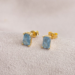 Rectangle Aquamarine Earring, 14K Solid Gold Aquamarine, March Birthstone, Perfect Gift for Mother&#39;s Day - Girlfriend - Wife