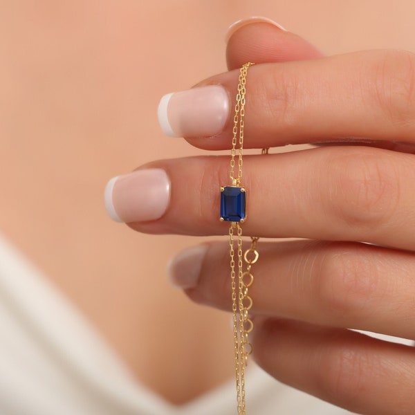 Rectangular Sapphire Bracelet 14K Solid Gold, Dainty Baguette, September Birthstone, Perfect Gift for Mother's Day - Girlfriend - Wife