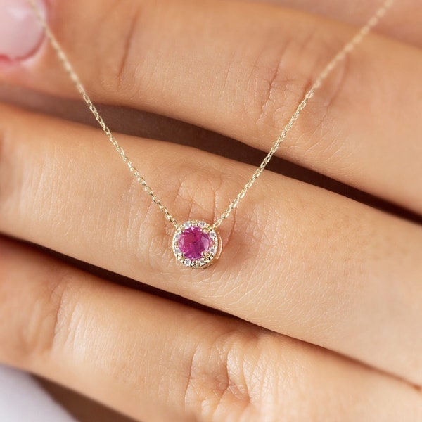 Real Diamond Pink Sapphire Necklace 14K Solid Gold, Minimalist Round Pink Sapphire Birthstone, Necklace, Gift for Mother's Day - Wife