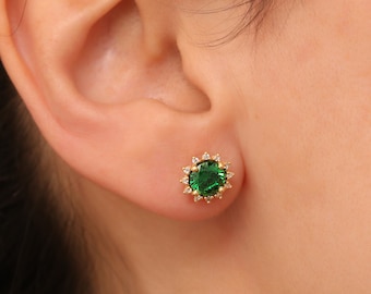 Real Diamond 14K Solid Gold Emerald Earring, Diamond Surrounded Round Emerald May Birthstone Earring, Perfect Gift for Mother's Day