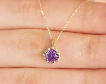 14K Solid Gold Amethyst Necklace with Real Diamond - Round Birthstone Pendant for Women, Perfect Gift for Mother's Day - Girlfriend - Wife