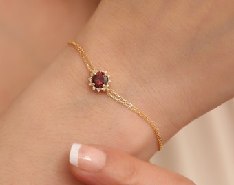 Garnet Bracelet in 14K Solid Gold with Real Diamonds, Perfect Mother's Day Gift & January Birthstone Jewel