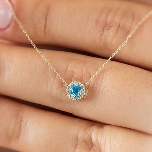 Real Diamond Aquamarine Necklace 14K Solid Gold, Minimalist Round March Birthstone, Perfect Gift for Mother&#39;s Day - Girlfriend - Wife