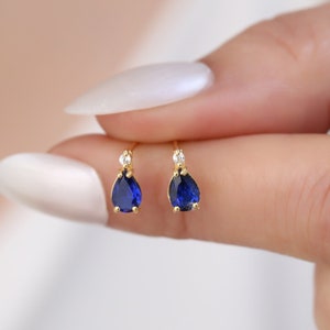 14K Solid Gold Sapphire Real Diamond Earrings, Elegant Solitaire Drop Studs, Perfect September Birthday or Mother&#39;s Day Gift for Her