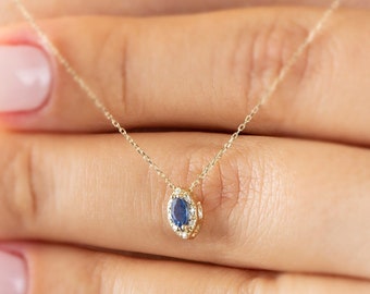 Real Diamond Marquise Cut Sapphire Necklace, 14K Solid Gold, Perfect Gift for Mother's Day - Girlfriend - Wife