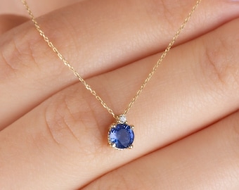 14K Solid Gold Sapphire Necklace, Minimalist Round Real Diamond and Sapphire Birthstone Pendant, Perfect Gift for Mother's Day