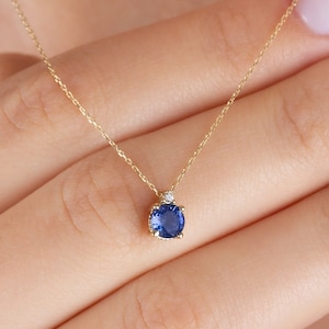 Real Diamond Round Sapphire Necklace, 14K Solid Gold Minimalist Sapphire Necklace, Birthstone