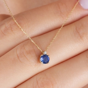 14K Solid Gold Sapphire Necklace, Minimalist Round Real Diamond and Sapphire Birthstone Pendant, Perfect Gift for Mother's Day image 1