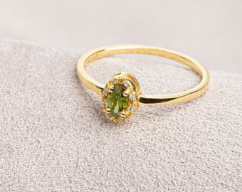 14K Solid Gold Diamond Oval Cut Peridot Ring, Real Diamond Peridot Ring, August Birthday, Christmas Gift,Anniversary Gift,Birthstone Jewelry