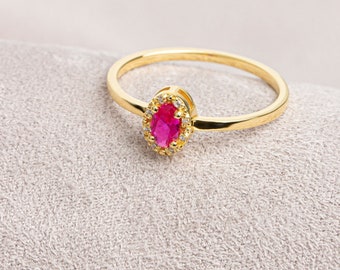 14K Solid Gold Diamond Oval Cut Ruby Ring, Real Diamond Ruby Ring, July Birthday Gift, Christmas Gift, Anniversary Gift, Birthstone Jewelry