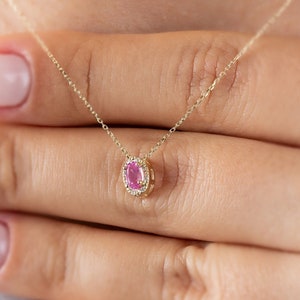 Oval Cut Diamond & Pink Tourmaline Necklace, 14K Solid Gold, Minimalist, October Birthstone, Perfect Gift for Mother&#39;s Day, Girlfriend, Wife