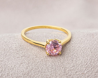 Round Pink Tourmailine Ring 14K Solid Gold, October Birthstone Jewelery, Perfect Gift for Mother's Day - Girlfriend - Wife