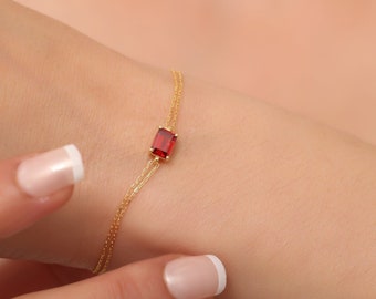 Rectangle Garnet Bracelet 14K Solid Gold, Daint Baguette Garnet Bracelet, January Birthstone, Perfect Gift for Mother's Day - Wife