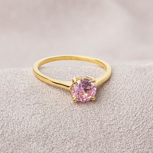14K Solid Gold Pink Tourmaline Round Ring - October Birthstone Jewelry