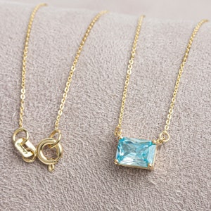 Horizontal Rectangle Aquamarine Necklace 14K Solid Gold, March Birthstone Double Link Rectangle, Perfect Gift for Mother&#39;s Day - Wife