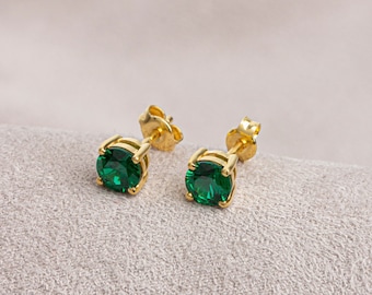 Round Emerald Earring 14K Solid Gold, Birthstone Women Earring, Round Emerald Jewelry, Perfect Gift for Mother's Day - Girlfriend - Wife