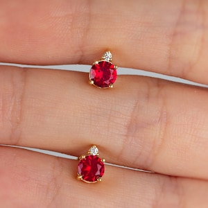 Rubin Echt Diamant 14K 10K Solid Gold Runde Ohrstecker, Juli Birthstone Solitaire