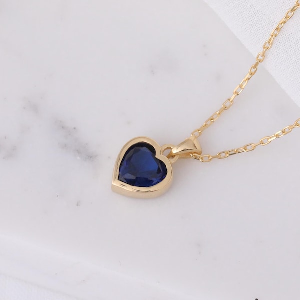 Sapphire Heart Necklace, 14K 10K 8K Solid Gold September Birthstone Bezel Pendant