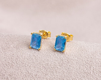 Blue Topaz Earring in 14K Solid Gold, Rectangle December Birthstone Gift for Her, Elegant Mother's Day & Mom Gift Women Earring