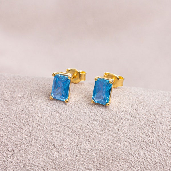 Blauer Topas-Ohrring aus 14-karätigem Massivgold, rechteckiger Dezember-Geburtsstein als Geschenk für Sie, eleganter Muttertags- und Muttergeschenk-Ohrring für Frauen