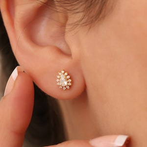 14K Solid Gold & White Topaz Diamond Drop Earrings - April Birthstone Studs, Perfect Mother&#39;s Day Gift for Her, Anniversary Gift