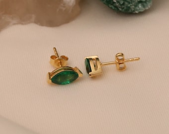 Marquise Emerald Stud Earrings 14K Solid Gold, Birthstone Bezel Setting Stud Earrings, Perfect Gift for Mother's Day- Wife