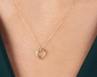 Real Diamond Heart Necklace 14K Solid Gold,  Love Necklace, Perfect Gift for Mother's Day - Girlfriend - Wife