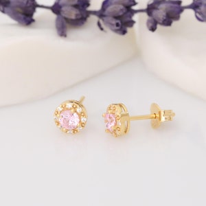 14K Solid Gold Pink Tourmaline Real Diamond Round Stud Earrings: October Birthstone