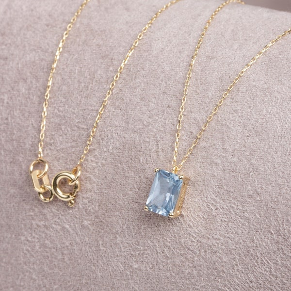 Rectangle Aquamarine Necklace 14K Solid Gold, March Birthstone Rectangle Necklace, Perfect Gift for Mother's Day - Girlfriend - Wife