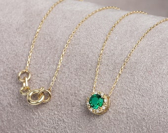 14K Solid Gold Emerald Necklace - Genuine Diamond, Minimalist Round May Birthstone, Perfect Gift for Mother's Day - Girlfriend - Wife