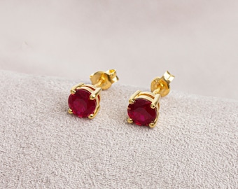 Round Ruby Earring 14K Solid Gold, July Birthstone Women Earring, Daily Jewelry, Perfect Gift for Mother's Day - Girlfriend - Wife