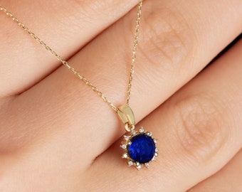 Sapphire Necklace 14K Solid Gold, Real Diamond Round, Birthstone Necklace, Perfect Gift for Mother's Day - Girlfriend - Wife