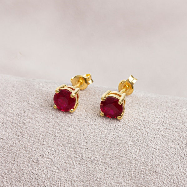 Round Ruby Earring 14K Solid Gold, July Birthstone Women Earring, Daily Jewelry, Perfect Gift for Mother's Day - Girlfriend - Wife