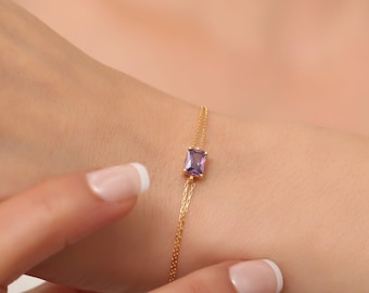 Amethyst Rectangle Bracelet 14K 10K 8K Solid Gold, February Birthstone, Dainty Women Bracelet