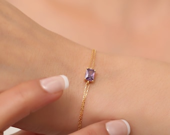 Amethyst Rectangular 14K Solid Gold Bracelet, Dainty Gold, February Birthstone, Baguette Amethyst Bracelet, Perfect Gift for Mother's Day