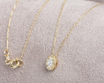 Oval Cut Echter Diamant Weißer Topas Halskette, 14K Solid Gold Halskette, Minimalist Halskette, Birthstone Halskette, Valentinstag Geschenk