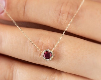 14K Solid Gold Garnet Necklace with Real Diamond Halo - January Birthstone