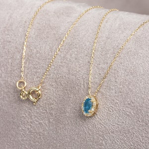 Real Diamond Blue Topaz Necklace, Oval Cut Pendant, 14K 10K 8K Solid Gold December Birthstone