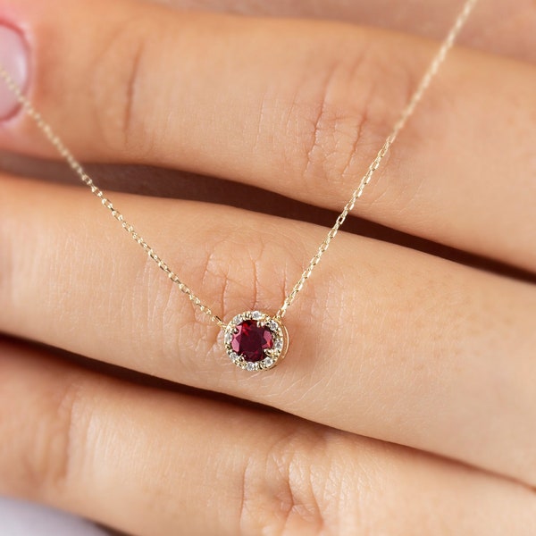 Genuine Diamond Garnet Necklace 14K Solid Gold, Minimalist Round, January Birthstone, Perfect Gift for Mother's Day - Girlfriend - Wife