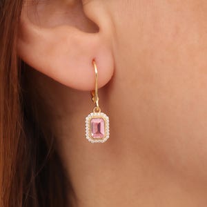 Rectangle 14K Solid Gold Pink Tourmaline Real Diamond Dangle Earrings, Chic October Birthstone